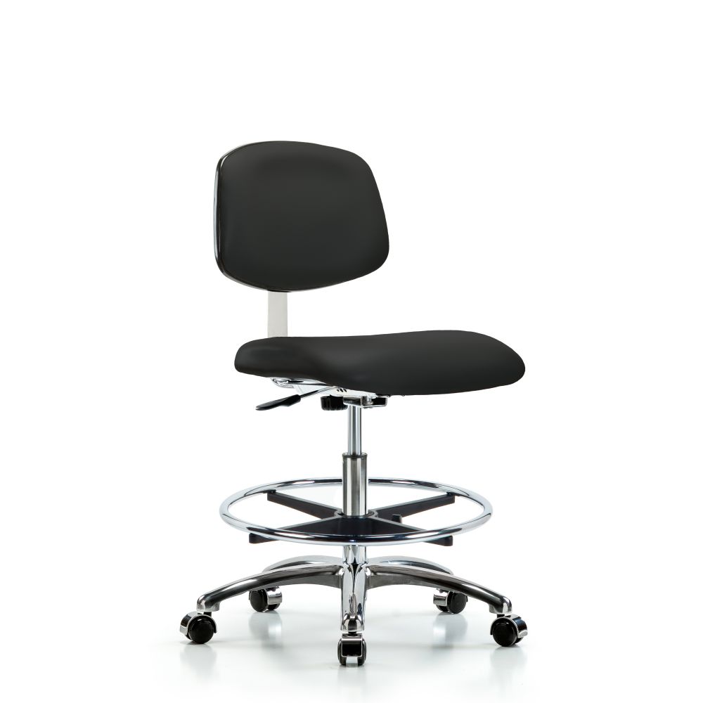 Class 10 Clean Room Vinyl Chair Chrome - Medium Bench Height with Chrome Foot Ring & Casters in Blac