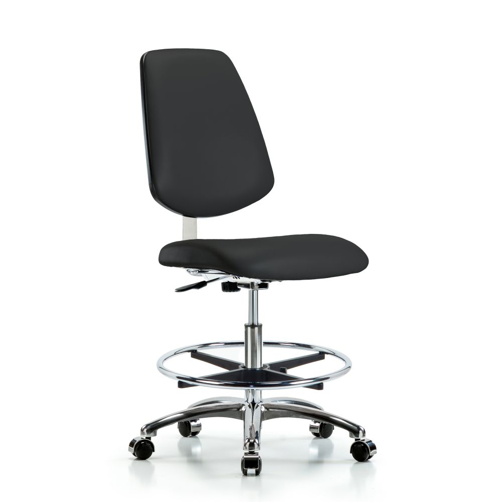 Class 10 Clean Room Vinyl Chair Chrome - Medium Bench Height with Medium Back, Chrome Foot Ring, & C