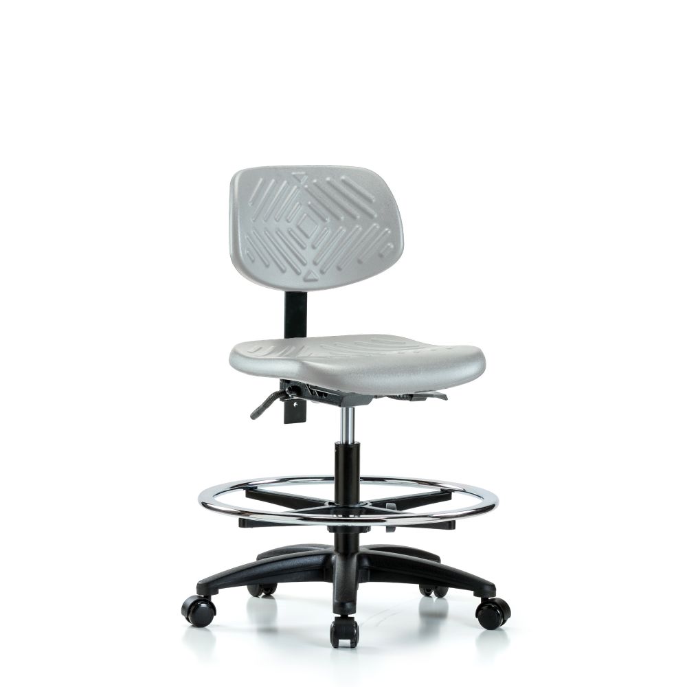 Polyurethane Chair - Medium Bench Height with Chrome Foot Ring & Casters in Gray Polyurethane