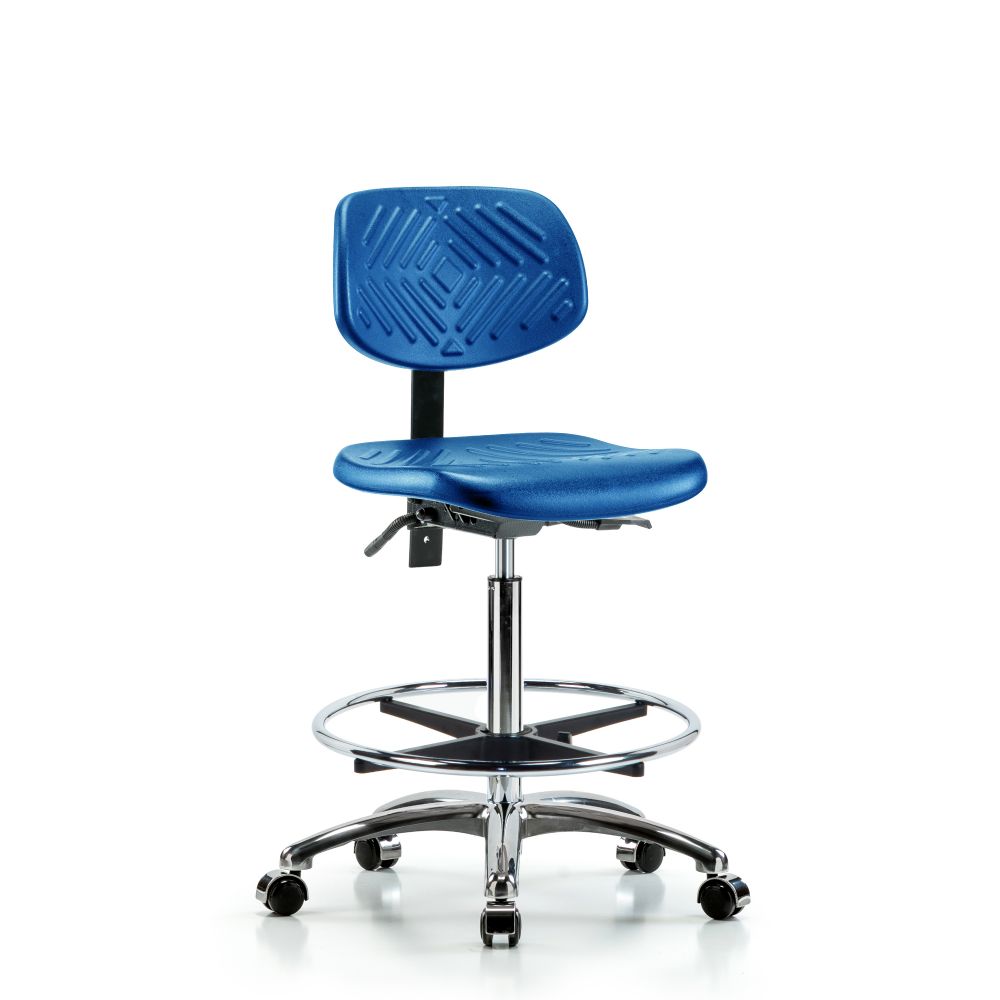 Polyurethane Chair Chrome - High Bench Height with Seat Tilt, Chrome Foot Ring, & Casters in Blue Po